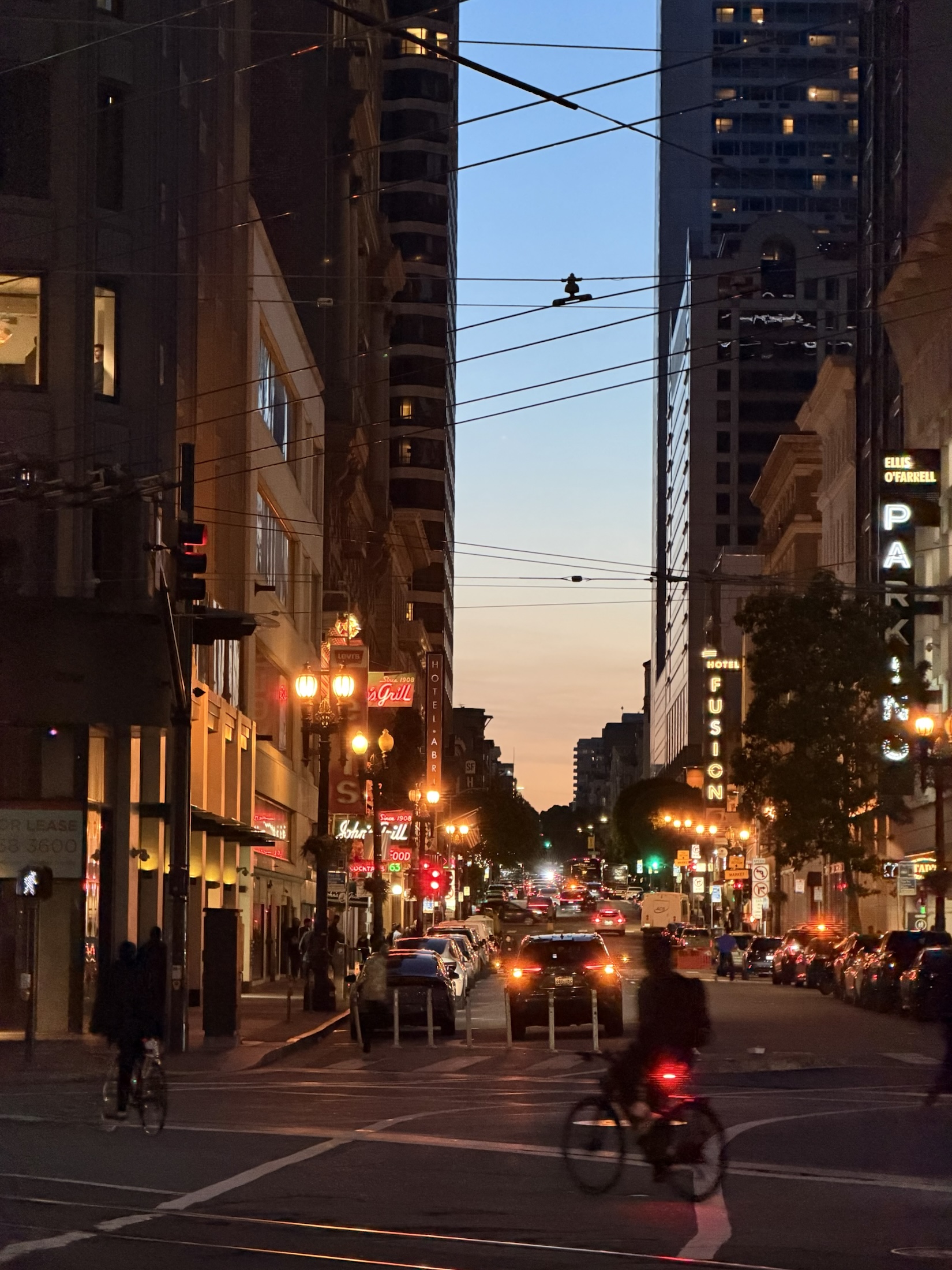 A city street in the blue evening light